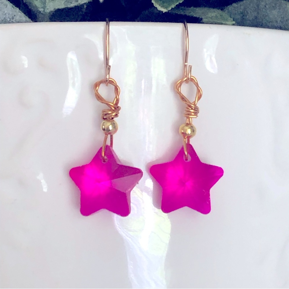 New Hot Barbie Pink Glass Crystal Dangling Drop Handmade Star Earrings Gift Idea
